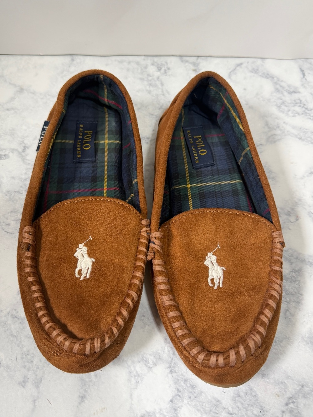 Polo Ralph Lauren Dezi V Slippers size 8 Brown Moccasin Indoor Outdoor Cozy